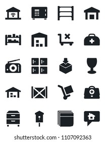 Set of vector isolated black icon - safe vector, checkroom, bird house, doctor case, container, fragile, cargo, no trolley, warehouse, package, rack, radio, blank box, archive, garage gate control