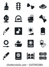 Set of vector isolated black icon - ticket office vector, passport, luggage storage, dropper, broken bone, traffic light, low battery, themes, brightness, music, copier, fruit tree, serviette, salad
