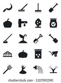 Set of vector isolated black icon - job vector, shovel, farm fork, rake, wheelbarrow, watering, sproute, hoe, sickle, pumpkin, greenhouse, seeds, fertilizer, drip irrigation, fruit tree
