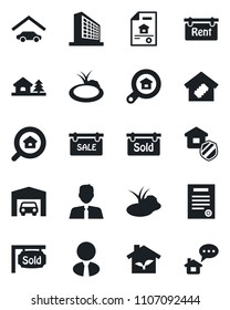 Set of vector isolated black icon - office building vector, pond, contract, house with tree, garage, estate document, sale, rent, sold signboard, search, agent, smart home, insurance, eco, message