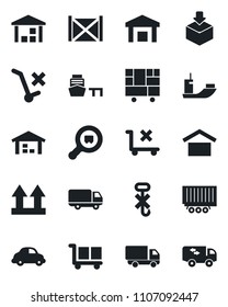 Set of vector isolated black icon - sea shipping vector, truck trailer, car delivery, port, container, consolidated cargo, warehouse storage, up side sign, no trolley, hook, package, search, moving