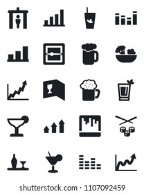 Set of vector isolated black icon - security gate vector, equalizer, scanner, bar graph, alcohol, wine card, cocktail, phyto, beer, salad, sushi, arrow up, growth
