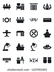 Set of vector isolated black icon - cafe vector, reception, flight table, desk, meeting, picnic, manager, lamp, restaurant, serviette, reserved, salt and pepper