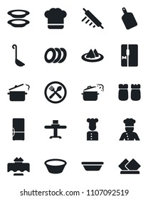 Set of vector isolated black icon - fridge vector, cook, restaurant table, serviette, cafe, hat, plates, salt and pepper, ladle, bowl, rolling pin, cutting board, steaming pan