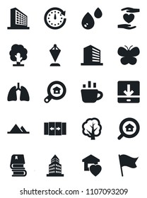 Set of vector isolated black icon - automatic door vector, office building, pennant, coffee, tree, butterfly, heart hand, lungs, download, book, mountains, estate search, sweet home, water, clock