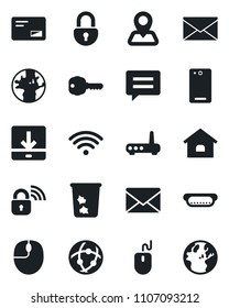 Set of vector isolated black icon - trash bin vector, mail, mouse, navigation, earth, phone back, message, network, download, lock, house, key, wireless, hot dog, router