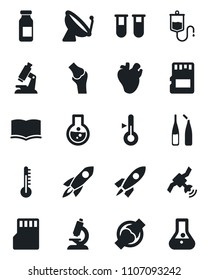 Set of vector isolated black icon - satellite antenna vector, book, blood test vial, dropper, microscope, ampoule, real heart, joint, sd, thermometer, rocket, flask