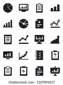 Set of vector isolated black icon - growth statistic vector, monitor, diagnosis, pulse clipboard, statistics, bar graph, pie, checklist, point, presentation