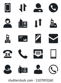 Set of vector isolated black icon - phone vector, mobile, office, 24 hours, support, radio, mail, call, data exchange