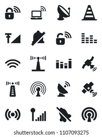 Set of vector isolated black icon - antenna vector, wireless notebook, border cone, satellite, equalizer, mute, cellular signal, lock