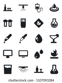 Set of vector isolated black icon - water drop vector, dropper, flammable, monitor, alcohol, drink, cocktail, filter, sprinkler, flask
