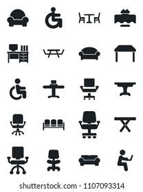 Set of vector isolated black icon - cafe vector, waiting area, office chair, desk, picnic table, disabled, cushioned furniture, restaurant, man with notebook