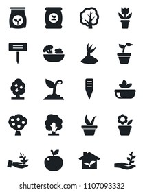 Set of vector isolated black icon - flower in pot vector, seedling, tree, sproute, plant label, fertilizer, fruit, salad, apple, eco house, palm