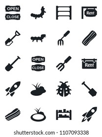 Set of vector isolated black icon - job vector, garden fork, shovel, lady bug, caterpillar, pond, rack, rent, bacon, open close, rocket
