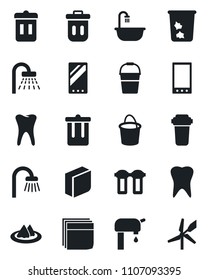 Set of vector isolated black icon - trash bin vector, shower, bucket, tooth, mobile, blank box, water supply, bathroom, serviette, filter, windmill