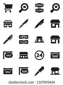 Set of vector isolated black icon - 24 around vector, shop, pen, store, search cargo, sale, sold signboard, cafe building, open close, cart, storefront