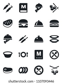 Set of vector isolated black icon - spoon and fork vector, dish, cafe, menu, plates, waiter, steak, kebab, hamburger, bowl, sushi