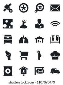 Set of vector isolated black icon - mail vector, sproute, bird house, blood test vial, lungs, joint, doctor, pregnancy, satellite, oil barrel, wireless, archive box, warehouse, sold signboard, fan