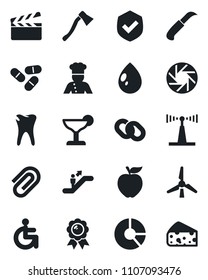 Set of vector isolated black icon - escalator vector, medal, circle chart, water drop, garden knife, axe, pills, disabled, caries, shield, clapboard, antenna, chain, mobile camera, paper clip, cook