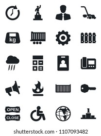 Set of vector isolated black icon - disabled vector, storm cloud, gear, pedestal, calculator, lawn mower, fire, client, truck trailer, cargo container, heavy, loudspeaker, identity card, fence, key