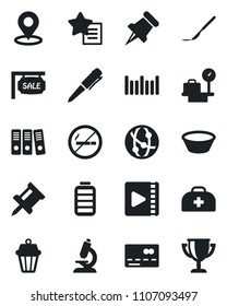 Set of vector isolated black icon - no smoking vector, credit card, luggage scales, pen, doctor case, microscope, scalpel, barcode, network, favorites list, paper pin, battery, place tag, video