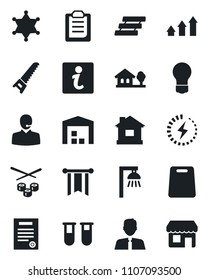 Set of vector isolated black icon - bulb vector, saw, house, blood test vial, charge, clipboard, support, paper tray, contract, with tree, warehouse, estate agent, cutting board, sushi, outdoor lamp