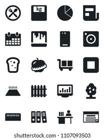 Set of vector isolated black icon - calendar vector, fence, scales, diet, cargo, stop button, phone back, mobile camera, scanner, monitor statistics, pie graph, news, manager desk, paper binder