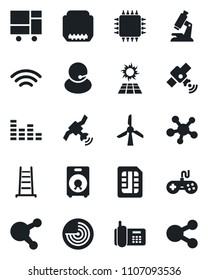 Set of vector isolated black icon - radar vector, ladder, microscope, office phone, support, consolidated cargo, satellite, gamepad, equalizer, share, speaker, hdmi, sim, wireless, chip, sun panel