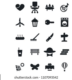 Set of vector isolated black icon - meeting vector, rake, butterfly, garden knife, bench, light, heart, music, paper tray, sun panel, windmill, key, restaurant table, phyto bar, bread, dress code