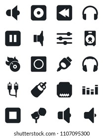 Set of vector isolated black icon - flame disk vector, microphone, speaker, equalizer, headphones, pause button, stop, rewind, rec, rca, hdmi, tuning, record, sound