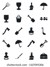 Set of vector isolated black icon - umbrella vector, stamp, baggage larry, job, shovel, farm fork, bucket, axe, scalpel, fragile, themes, ladle, case