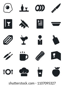Set of vector isolated black icon - coffee vector, waiter, alcohol, cafe, cook hat, wine card, cocktail, phyto bar, plates, bacon, restaurant receipt, kebab, hot dog, bowl, rolling pin, knife