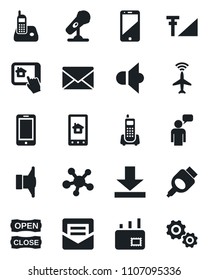 Set of vector isolated black icon - plane radar vector, mobile phone, speaking man, mail, office, microphone, speaker, cell, radio, share, hdmi, download, cellular signal, open close, gear