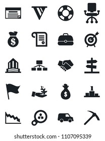 Set of vector isolated black icon - target vector, consumer search, palm sproute, handshake, money bag, pennon, crisis, office chair, flag, case, car, schedule, hierarchy, management, pedestal