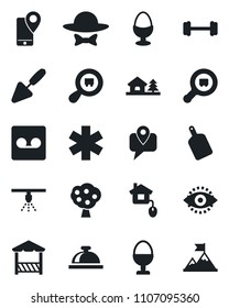 Set of vector isolated black icon - reception bell vector, trowel, ambulance star, barbell, mobile tracking, search cargo, record, eye id, house with tree, fruit, egg stand, dress code, alcove