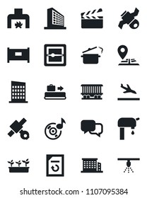 Set of vector isolated black icon - fence vector, arrival, baggage conveyor, office building, document reload, seedling, navigation, railroad, satellite, clapboard, dialog, scanner, music, fireplace