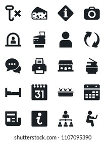 Set of vector isolated black icon - reception vector, hierarchy, seedling, no hook, camera, dialog, update, user, calendar, news, printer, copier, bedroom, cafe building, cheese, information