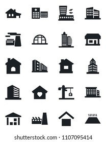 Set of vector isolated black icon - airport building vector, office, factory, house, greenhouse, hospital, store, warehouse storage, with garage, sweet home, crane, warm floor
