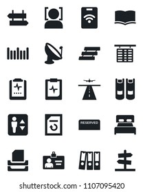 Set of vector isolated black icon - runway vector, elevator, signpost, flight table, identity card, book, document reload, pulse clipboard, barcode, satellite antenna, face id, paper binder, tray
