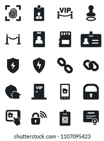 Set of vector isolated black icon - fence vector, identity, stamp, card, chain, protect, sd, lock, vip zone, fingerprint, wireless, home control app, certificate