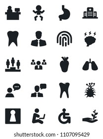 Set of vector isolated black icon - female vector, baby, pedestal, team, brainstorm, manager place, disabled, stomach, lungs, real heart, tooth, hospital, virus, client, speaker, fingerprint id