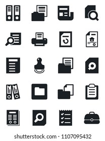 Set of vector isolated black icon - office binder vector, document search, reload, folder, clipboard, news, checklist, printer, contract, stamp, estate, case