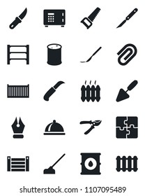 Set of vector isolated black icon - safe vector, trowel, pruner, saw, hoe, garden knife, scalpel, cargo container, oil barrel, rack, application, paper clip, ink pen, heater, dish, radiator