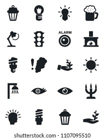 Set of vector isolated black icon - bulb vector, sun, garden light, eye, traffic, desk lamp, fireplace, beer, candle, smoke detector, energy saving, outdoor, alarm led, palm sproute, shining head