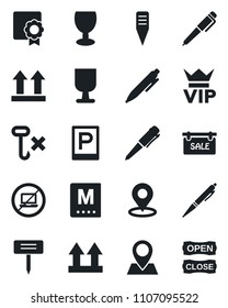 Set of vector isolated black icon - parking vector, no laptop, vip, pen, plant label, pin, fragile, up side sign, hook, place tag, sertificate, sale, menu, open close