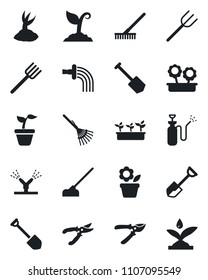 Set of vector isolated black icon - job vector, flower in pot, shovel, farm fork, rake, seedling, watering, sproute, pruner, hoe, garden sprayer, irrigation