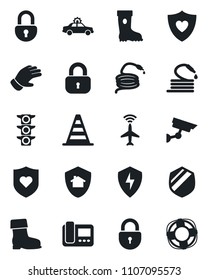 Set of vector isolated black icon - plane radar vector, alarm car, border cone, lock, glove, boot, hose, heart shield, traffic light, protect, intercome, home, surveillance, crisis management