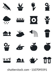 Set of vector isolated black icon - flower in pot vector, seedling, watering can, rain, pond, tulip, oil barrel, house with tree, rolling pin, apple fruit, water filter