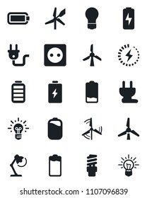 Set of vector isolated black icon - bulb vector, battery, low, charge, desk lamp, windmill, socket, power plug, energy saving, idea