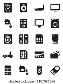 Set of vector isolated black icon - washer vector, calculator, monitor, speaker, sim, credit card, home control, remote, router, usb flash